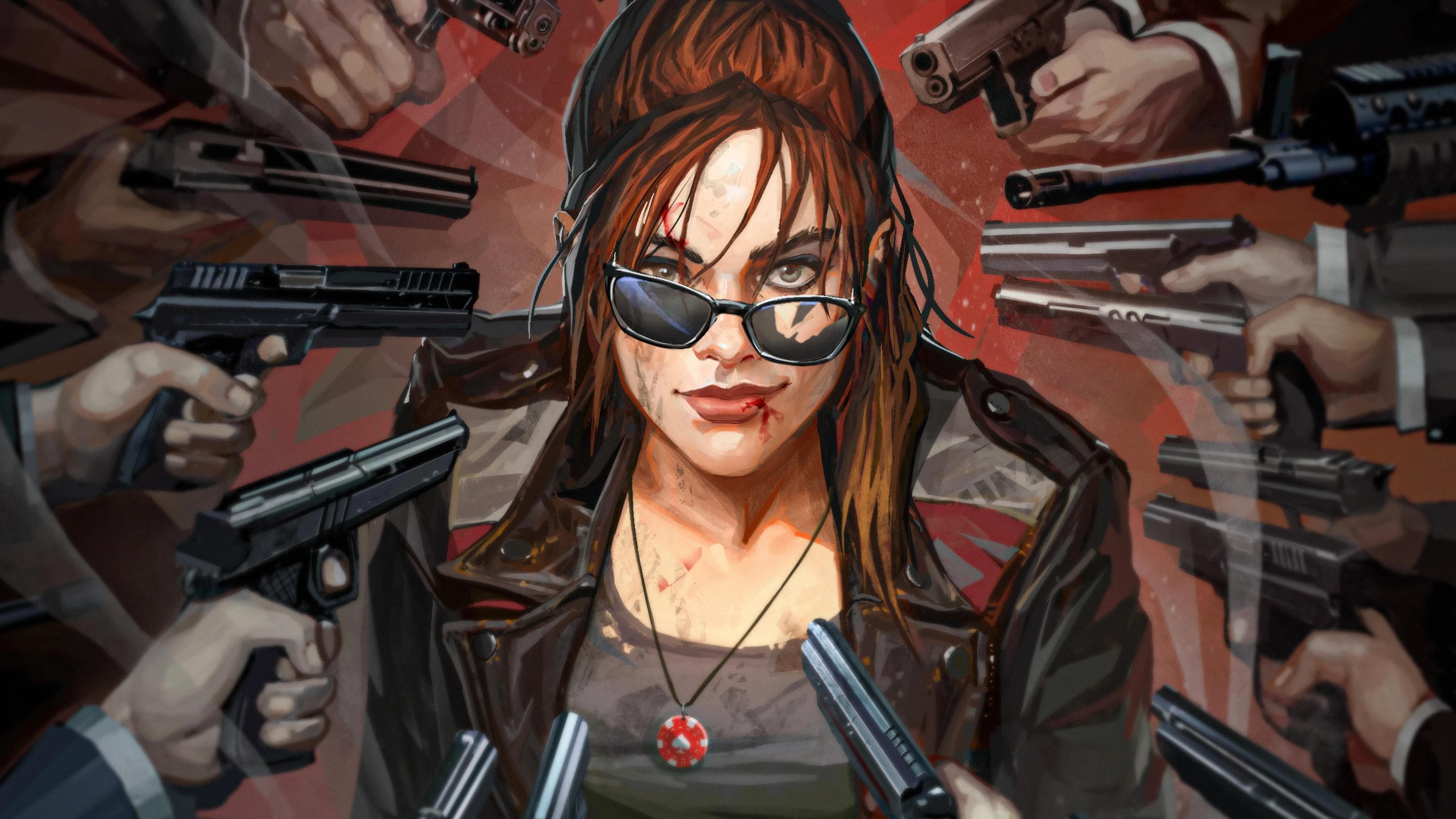 Hero image of artwork from the tabletop RPG, Outgunned, featuring a femme-presenting action hero with a leather jacket, smiling with at least a dozen guns pointed at her.