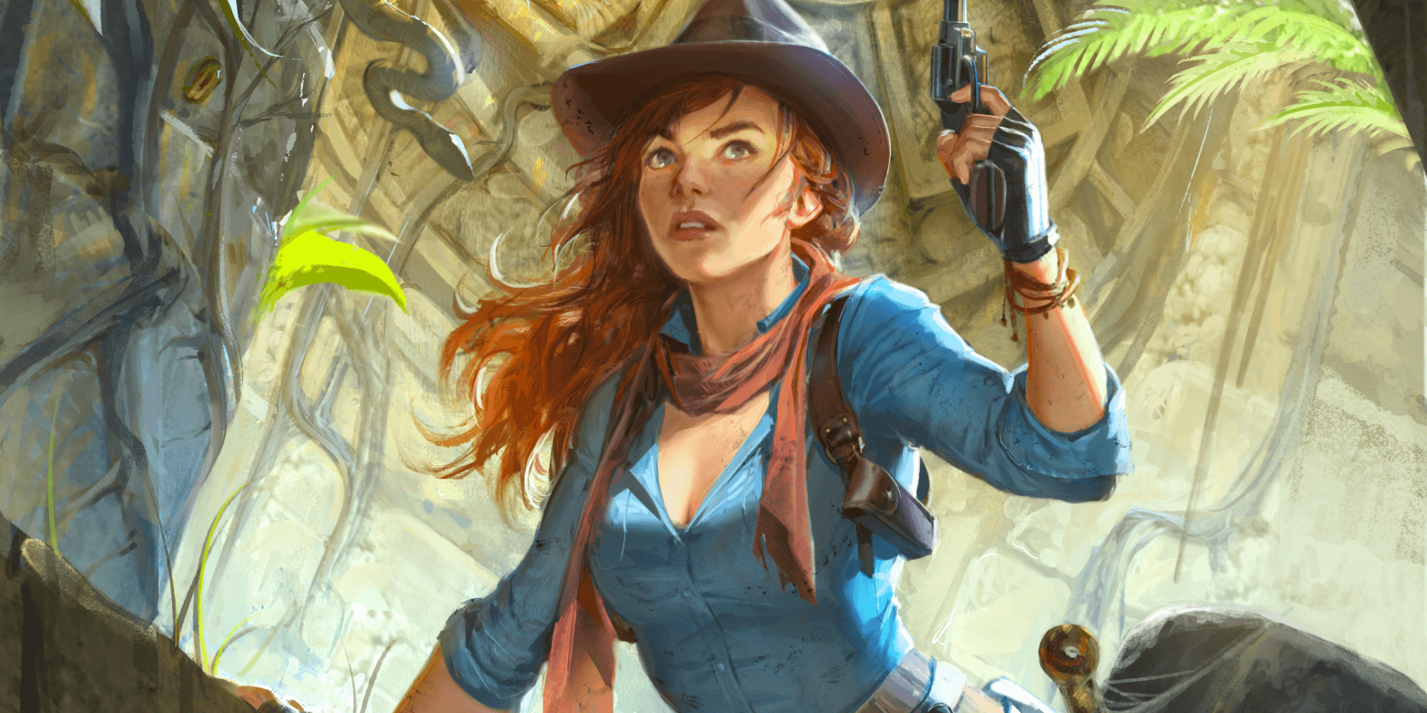 Hero image of artwork from the tabletop RPG, Outgunned Adventure, featuring a femme-presenting cinematic hero wielding a pistol in a jungle that evokes the Tomb Raider and Indiana Jones archetype.