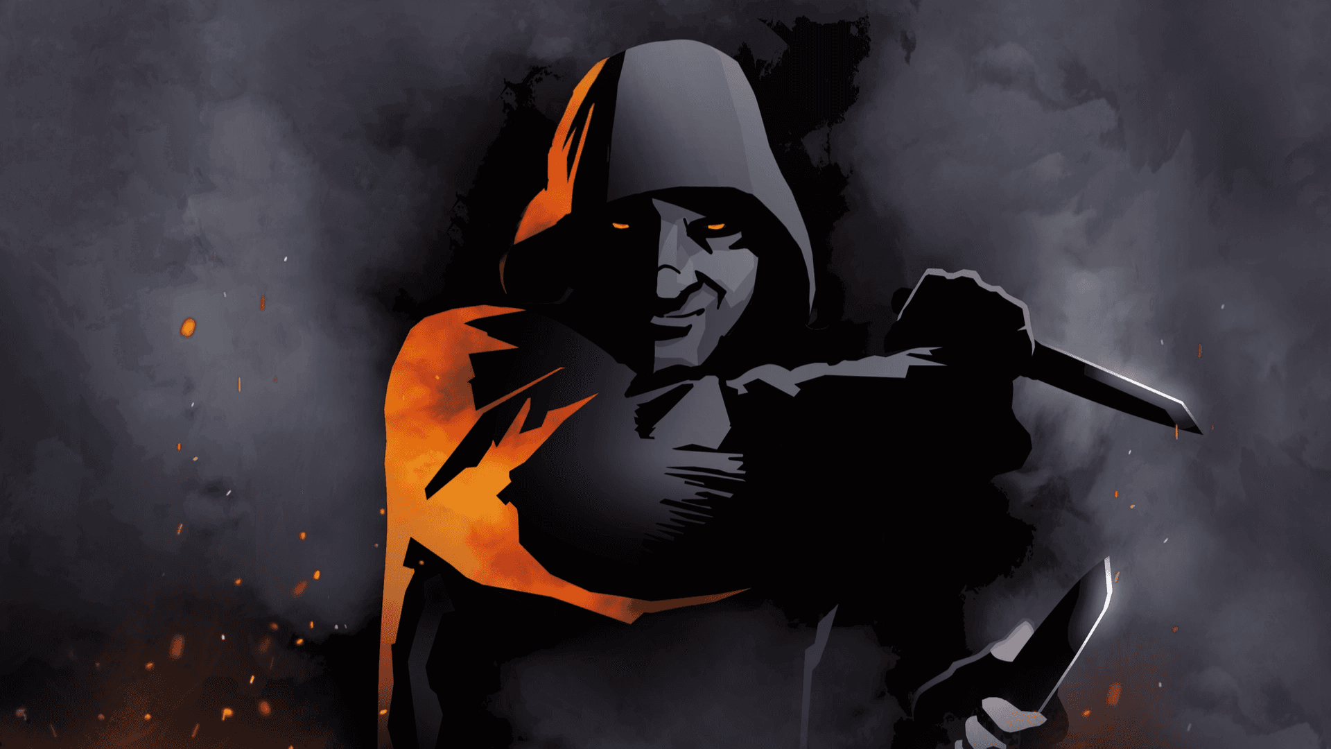 Hero image of artwork from the tabletop RPG, Blades in the Dark, featuring a masked hooded figure wielding two daggers about to take a swipe.